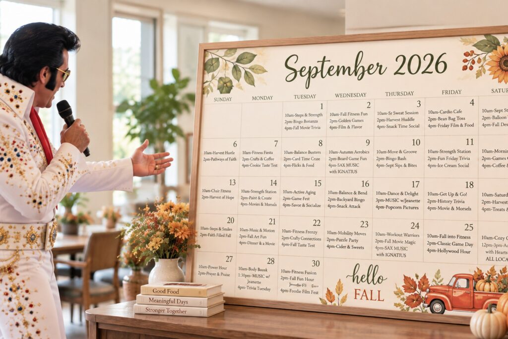 Elvis impersonator beside a fall activities calendar at Safe Haven Personal Care Home